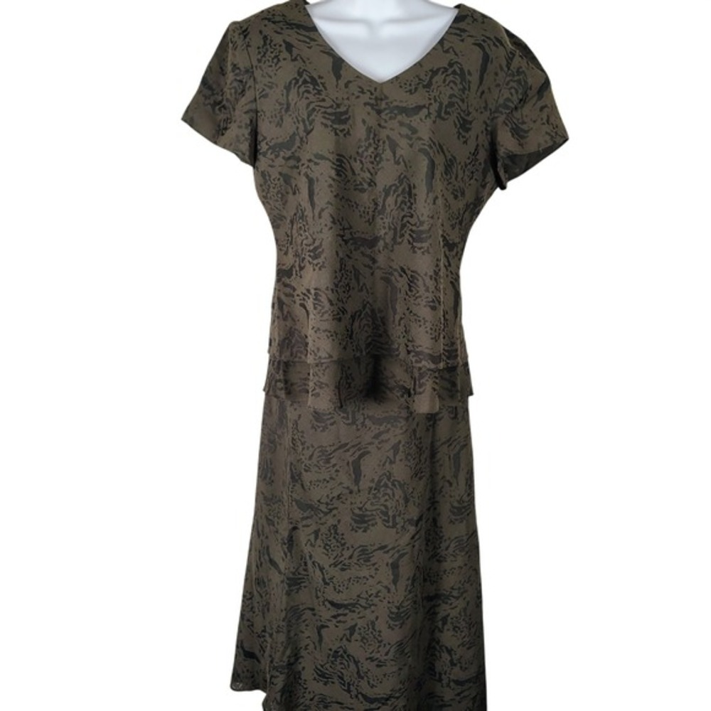 Kari's Korner Womens 2 Piece Skirt Set Olive Green Abstract Print Size 12 office